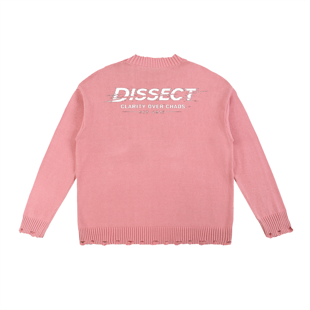 Dissect Clothing Vintage Washed Hand-frayed Sweater Pink featuring premium heavyweight fabric, soft washed finish, hand-frayed detailing, and a refined structured fit.