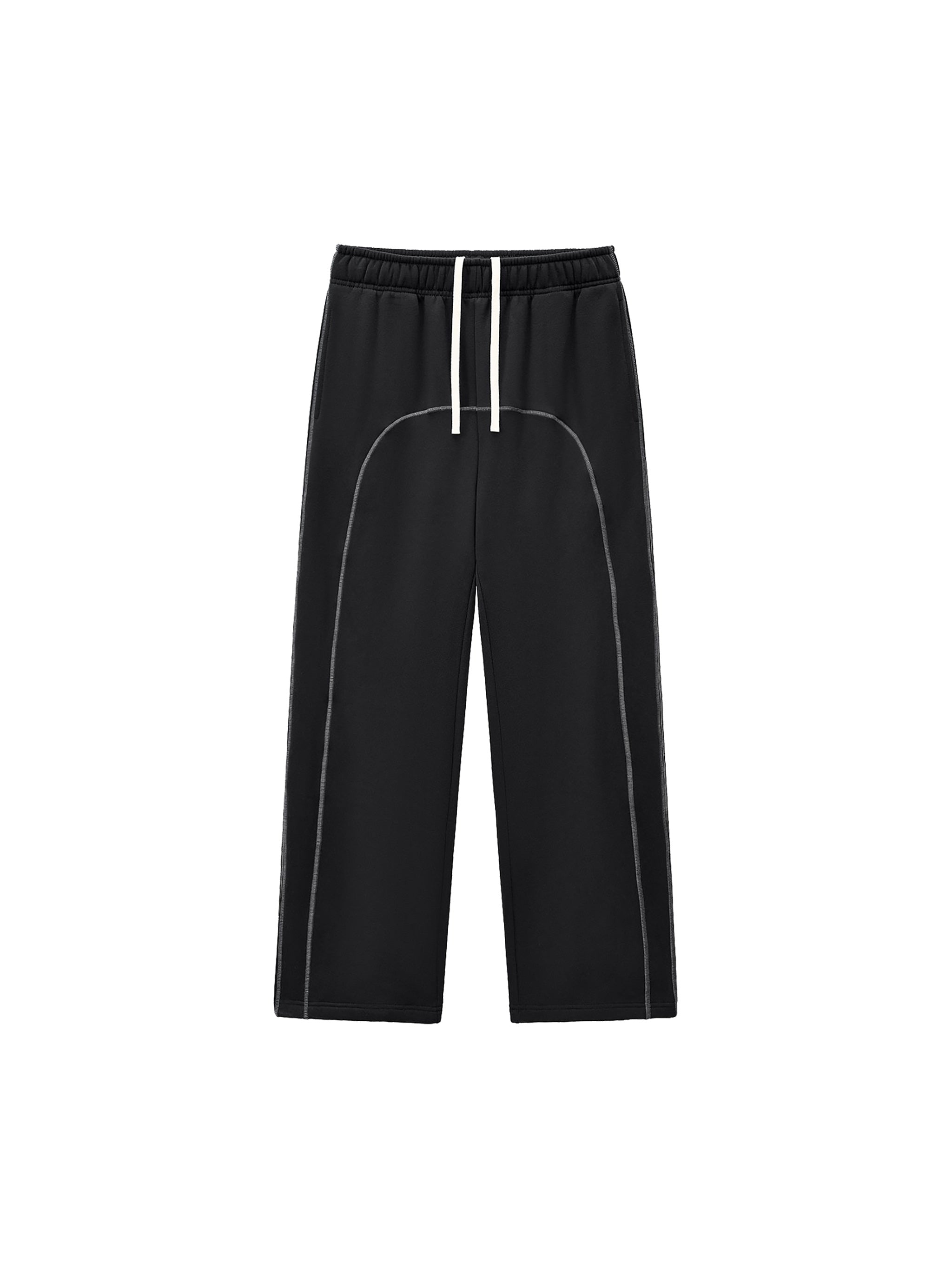 Dissect Clothing Contrast-Stitched Fleece Sweatpants Black in premium fleece with relaxed structured fit, bold contrast stitching, clean finish, and minimalist design.