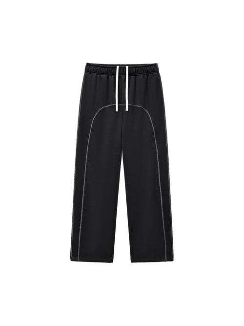 Dissect Clothing Contrast-Stitched Fleece Sweatpants Black in premium fleece with relaxed structured fit, bold contrast stitching, clean finish, and minimalist design.