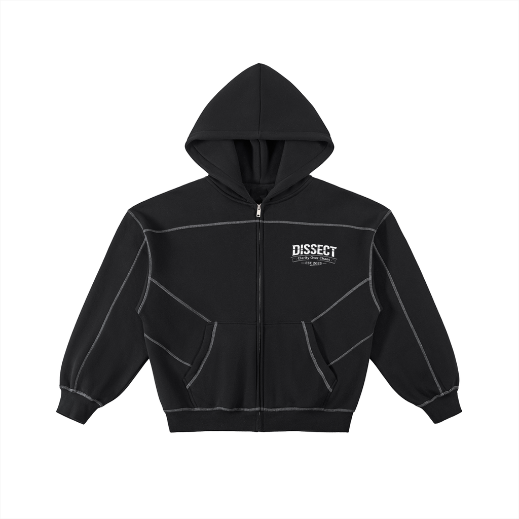 Dissect Clothing Contrast Stitched Boxy Fleece Zip Hoodie in premium fleece with structured boxy fit, bold contrast stitching, full zip closure, and minimalist design.