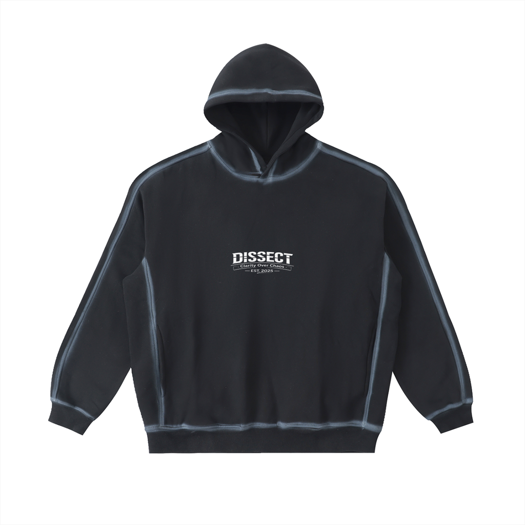Dissect Clothing Sunfaded Edge Fleece Hoodie Black in premium heavyweight fleece with structured relaxed fit, sunfaded finish, refined edge detailing, and minimalist design.
