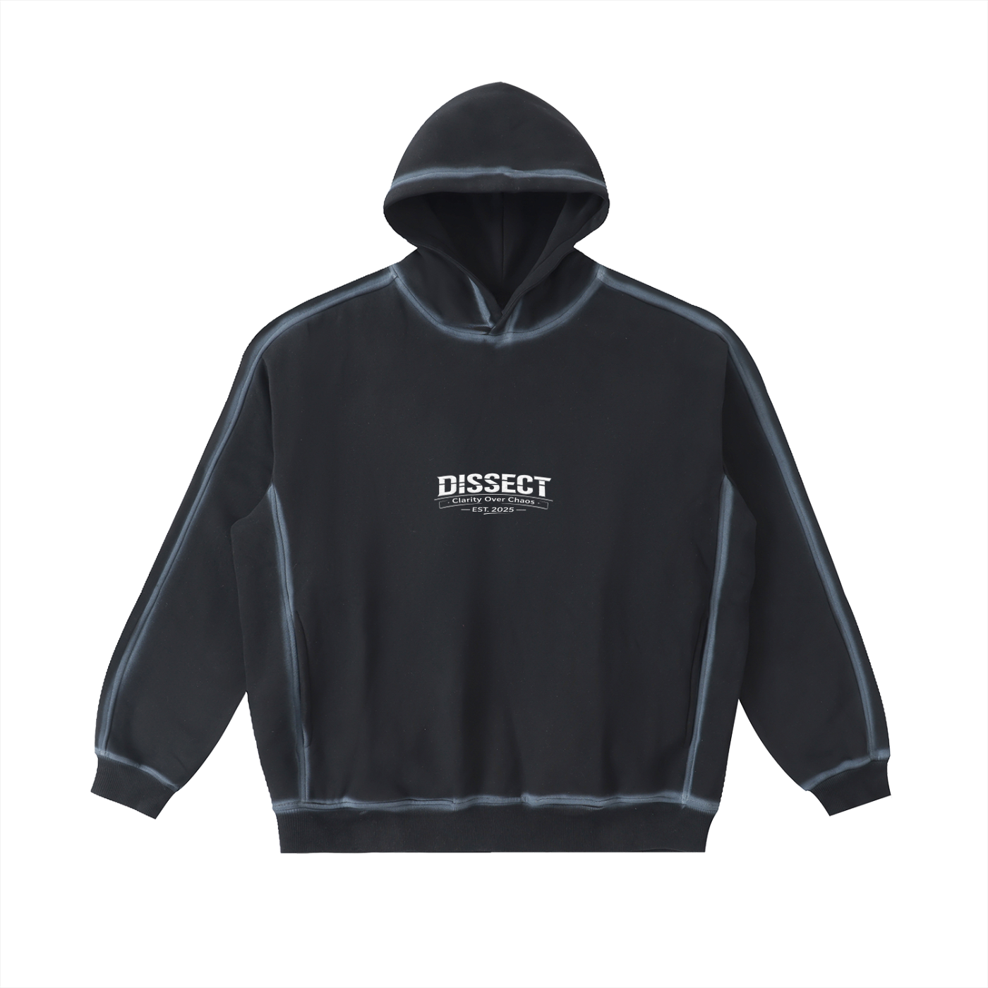Dissect Clothing Sunfaded Edge Fleece Hoodie Black in premium heavyweight fleece with structured relaxed fit, sunfaded finish, refined edge detailing, and minimalist design.