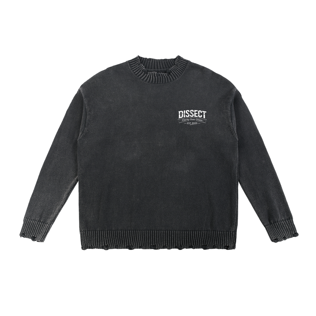 Dissect Clothing Vintage Washed Hand-frayed Sweater Black crafted from premium heavyweight fabric with a soft washed finish, hand-frayed detailing, structured fit, and minimalist aesthetic.