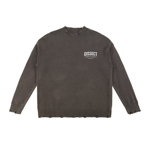 Dissect Clothing Vintage Washed Hand-frayed Sweater Gray in premium heavyweight fabric with soft washed finish, hand-frayed edges, structured fit, and minimalist design.
