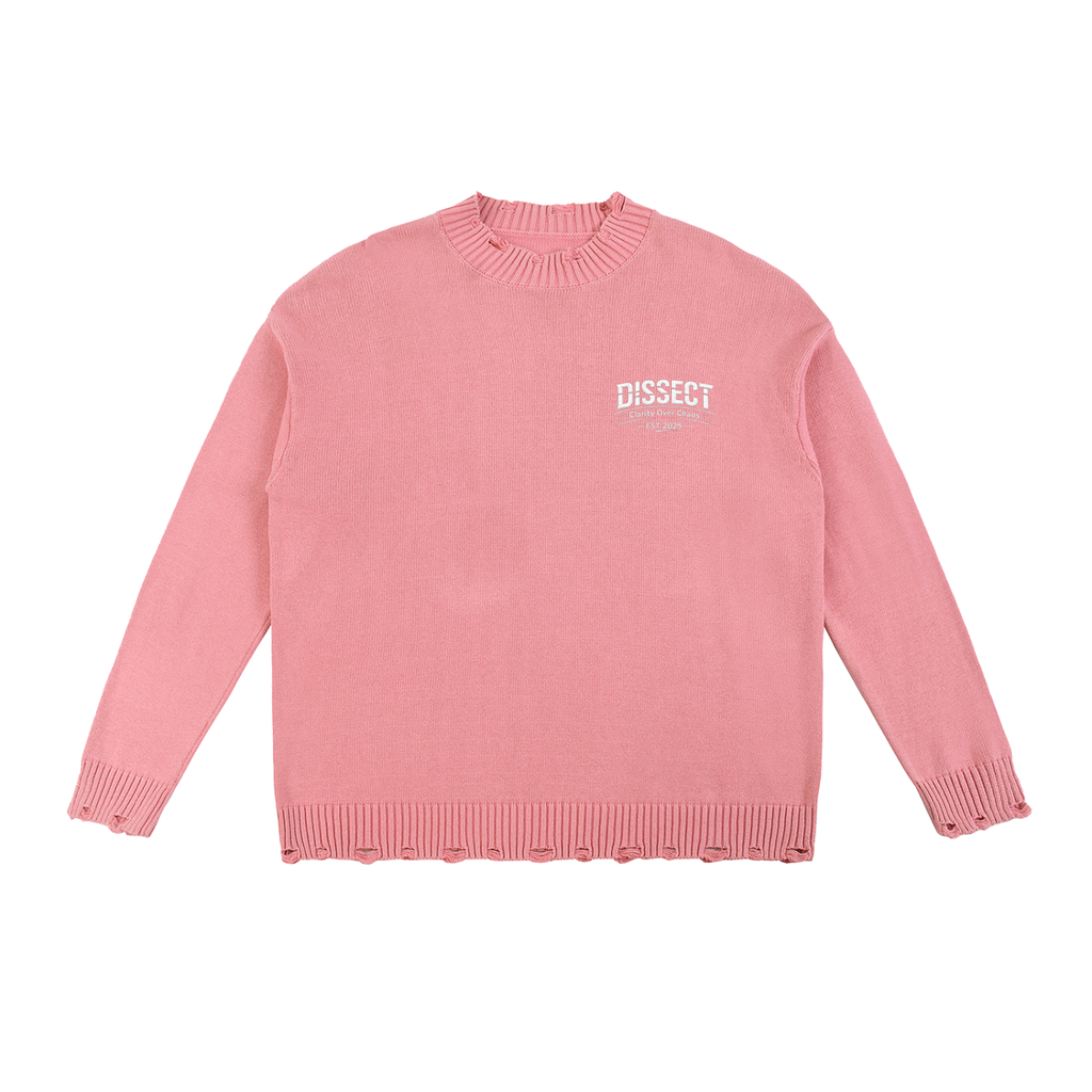 Dissect Clothing Vintage Washed Hand-frayed Sweater Pink featuring premium heavyweight fabric, soft washed finish, hand-frayed detailing, and a refined structured fit.