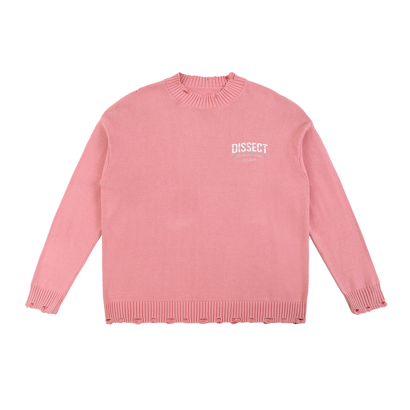 Dissect Clothing Vintage Washed Hand-frayed Sweater Pink featuring premium heavyweight fabric, soft washed finish, hand-frayed detailing, and a refined structured fit.