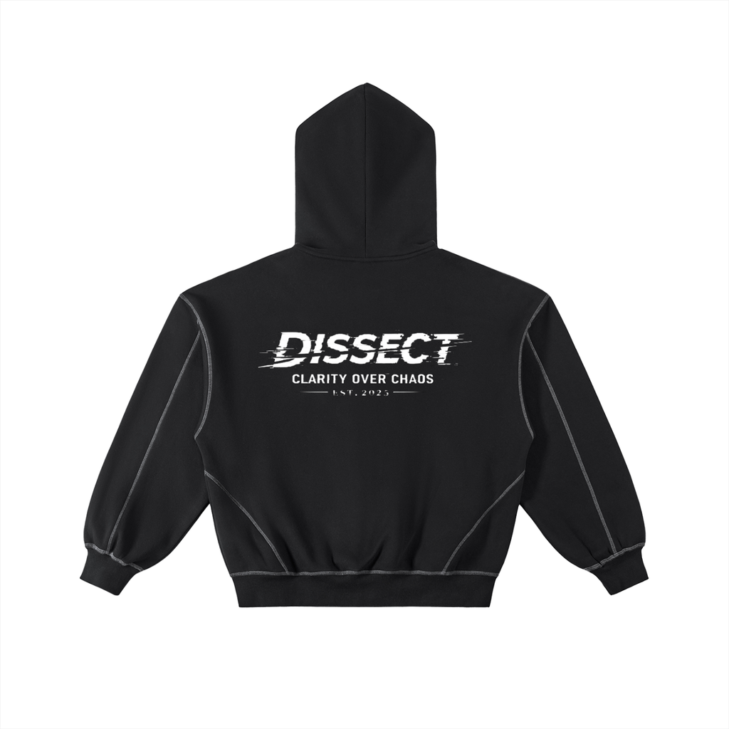 Dissect Clothing Contrast Stitched Boxy Fleece Zip Hoodie in premium fleece with structured boxy fit, bold contrast stitching, full zip closure, and minimalist design.