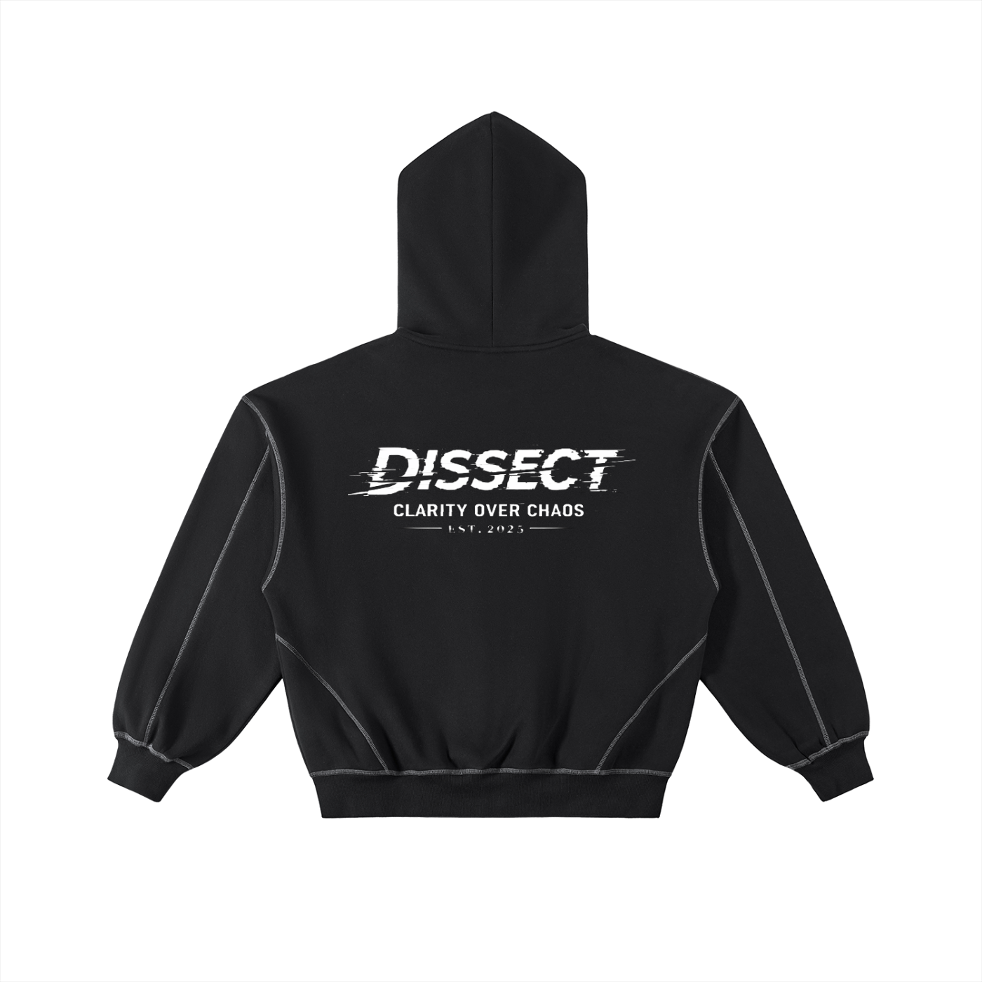 Dissect Clothing Contrast Stitched Boxy Fleece Zip Hoodie in premium fleece with structured boxy fit, bold contrast stitching, full zip closure, and minimalist design.