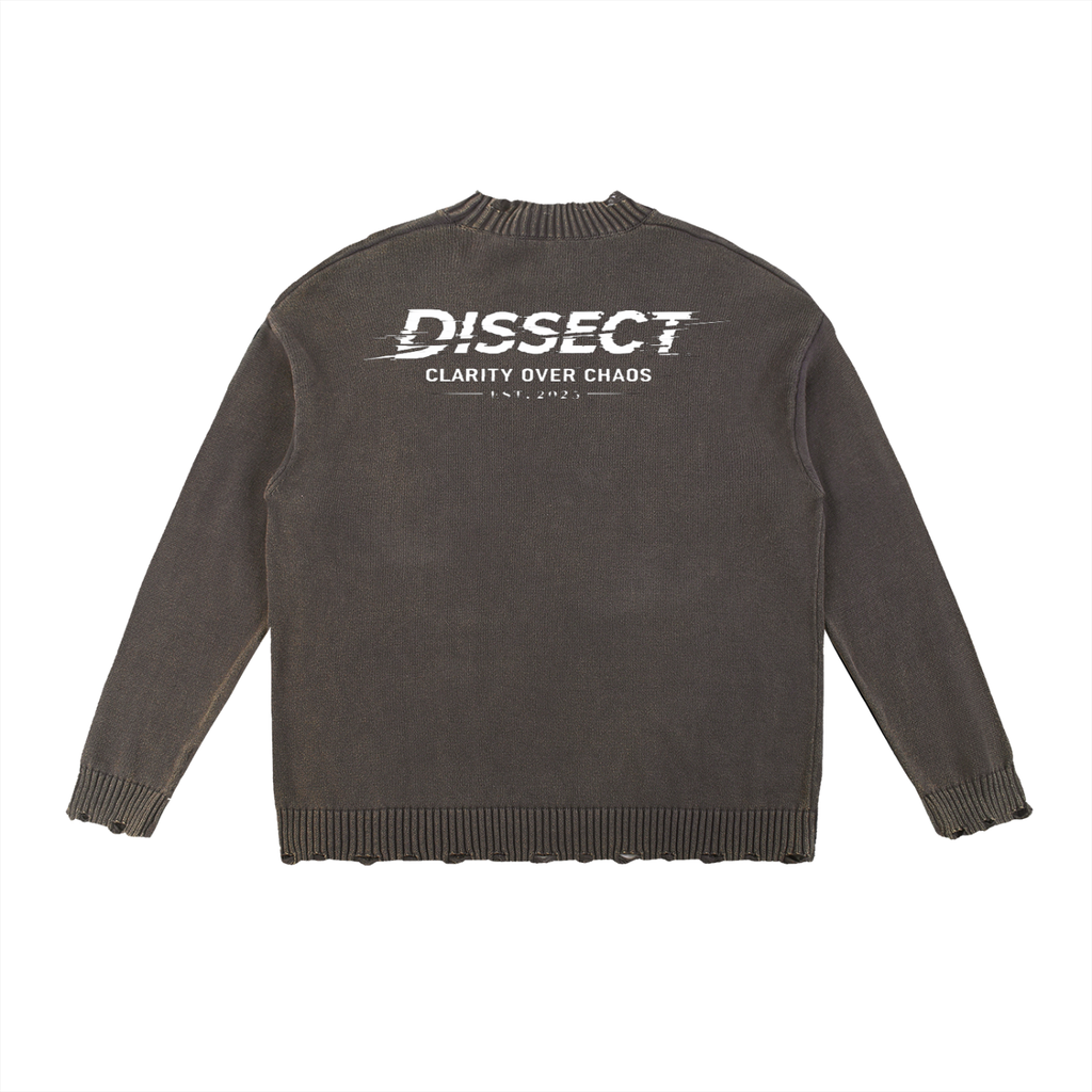 Dissect Clothing Vintage Washed Hand-frayed Sweater Gray in premium heavyweight fabric with soft washed finish, hand-frayed edges, structured fit, and minimalist design.