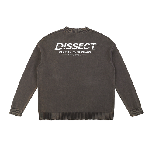 Dissect Clothing Vintage Washed Hand-frayed Sweater Gray in premium heavyweight fabric with soft washed finish, hand-frayed edges, structured fit, and minimalist design.