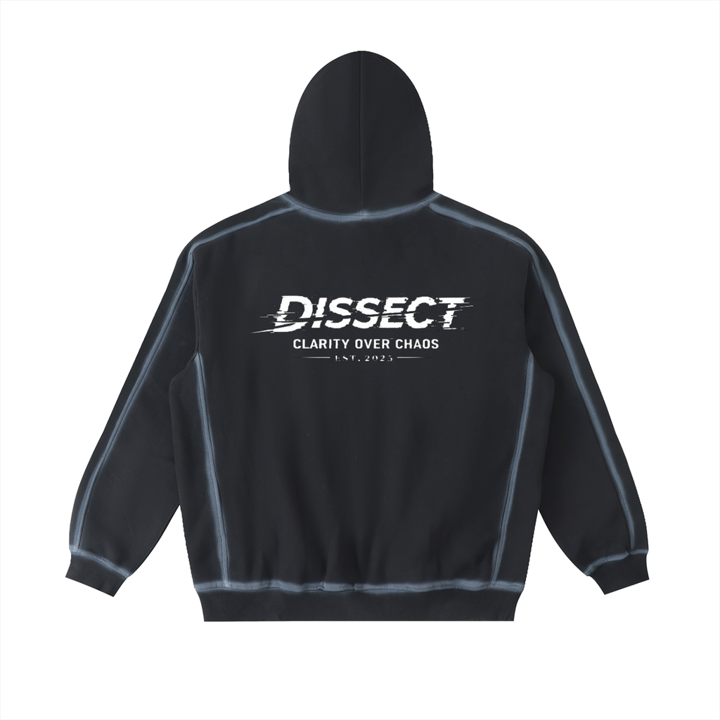 Dissect Clothing Sunfaded Edge Fleece Hoodie Black in premium heavyweight fleece with structured relaxed fit, sunfaded finish, refined edge detailing, and minimalist design.