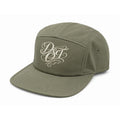 Dissect Clothing DSCT Script 5 Panel Green Cap featuring premium construction, structured five-panel design, embroidered script logo, adjustable fit, and classic green finish.