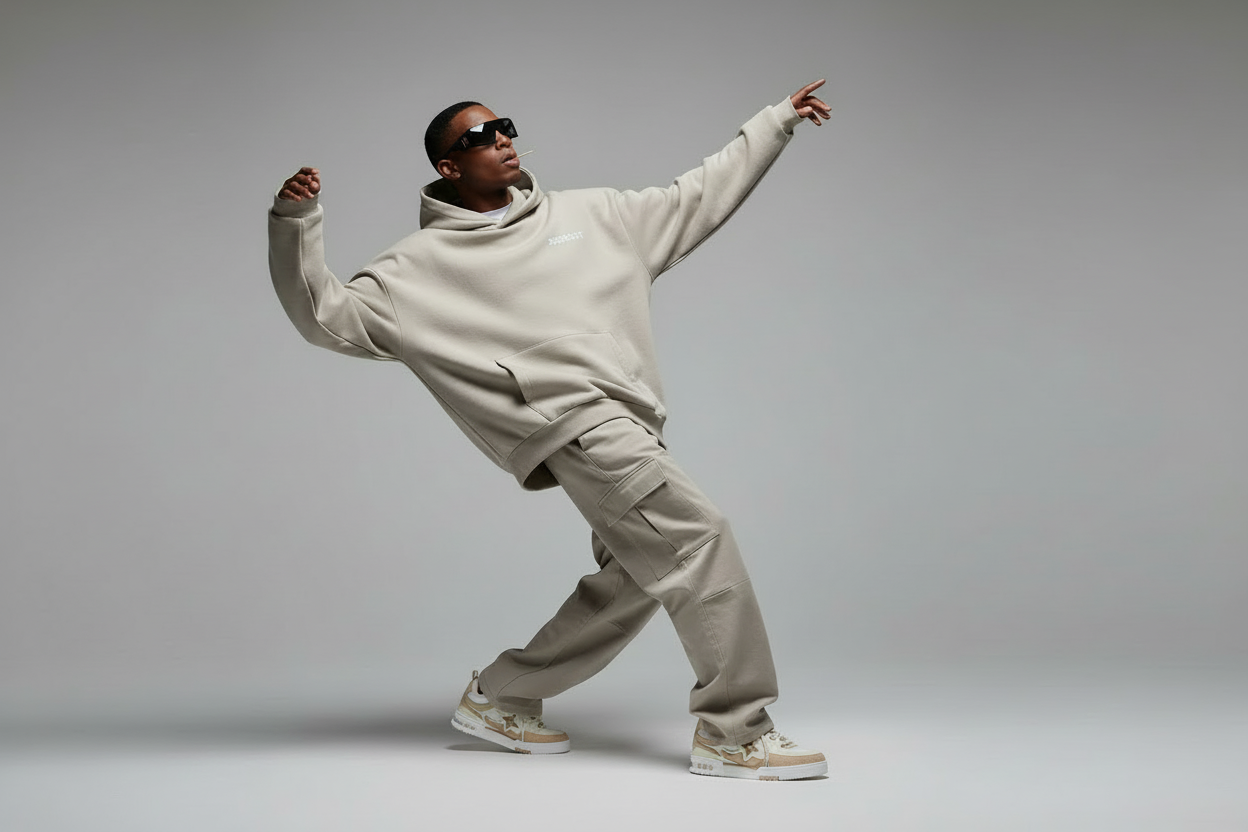 Model in cream streetwear with exact trainers